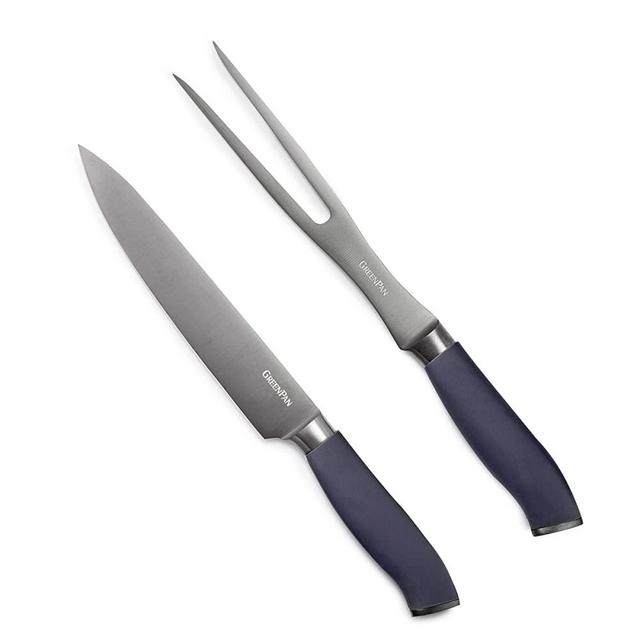 GreenPan Titanium 2-Piece Carving Knife Set, Titanium Coated, Stainless Steel, Eco-friendly, Ergonomic Grip, Slip Resistant, Balanced, Heat Treated, Hand Sharpened, Dishwasher Safe