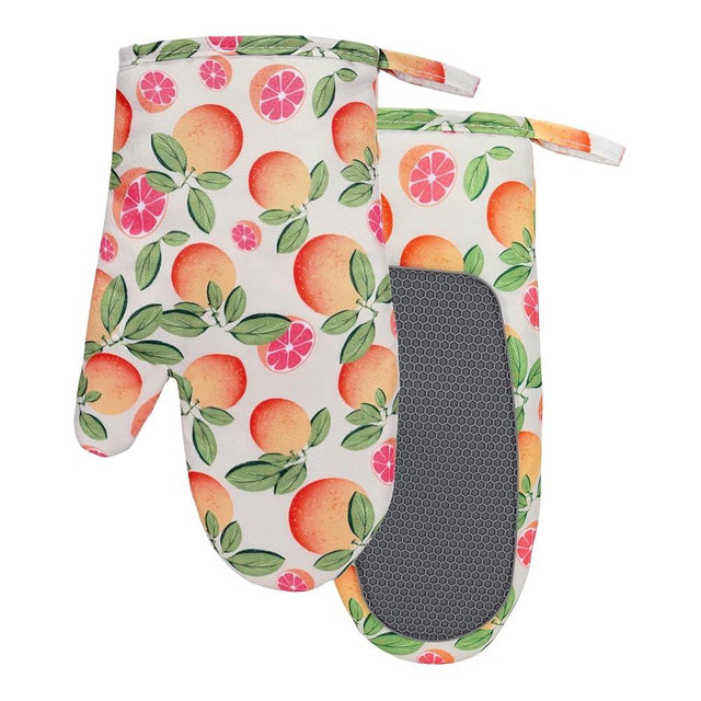 Oven Mitts Non-Slip Silicone Oven Mitts with Hanging Loop, Grapefruit Cute Heat Resistant Kitchen Mitts for Oven with Soft Quilted Liner for Cooking, 7 X11 in, 2 Piece