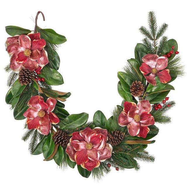 Briful 5FT Christmas Magnolia Flower Garland with Pine Cones Berries Artificial Silk Floral Vine Faux Flower Garland for Xmas Backdrop Table Wall Wedding Party Home Decor