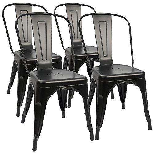 Furmax Indoor-Outdoor Use Stackable Classic Trattoria Chic Dining Bistro Cafe Side Metal Chairs Set of 4 (Black)