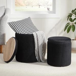 Round Ottoman with Storage Set of 2,Vanity Stool with Storage for Bedroom, Ottoman Coffee Table,Small Velvet Foot Stool for Living Room, Black