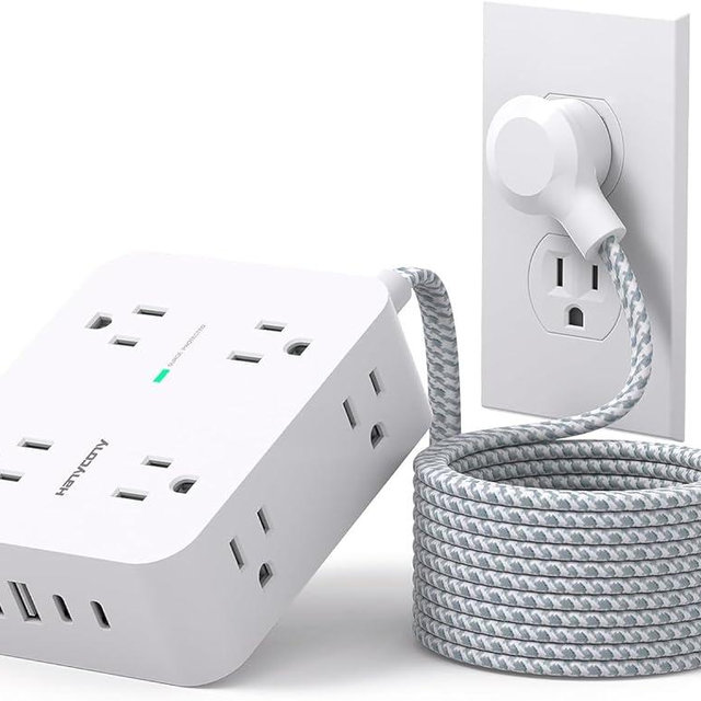 Surge Protector Power Strip 15 Ft Long Cord, Extension Cord 15 Feet with 8 Outlets 4 USB Ports(2 USB C), Flat Plug, Desk Charging Station for Home Office College Dorm Room Essentials