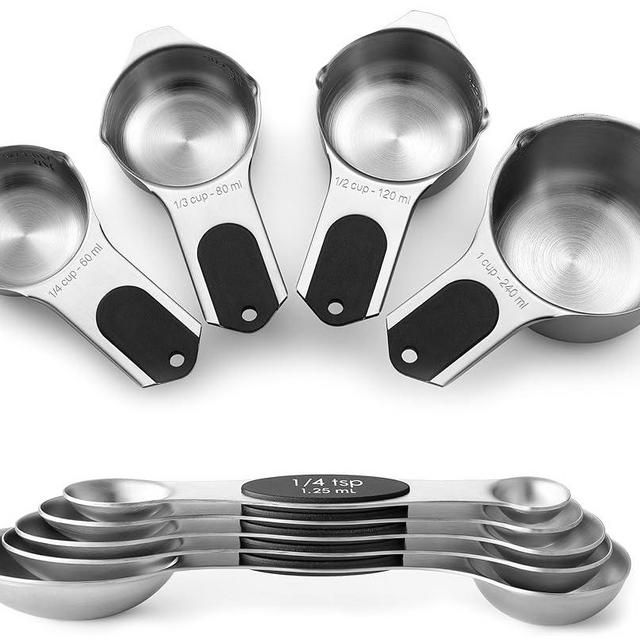 Spring Chef Magnetic Measuring Cups & Spoons Set (Patent Pending), Strong N45 Magnets, Heavy Duty Stainless Steel Fits in Spice Jars for Baking & Cooking, BPA Free, Round Set of 9, Black