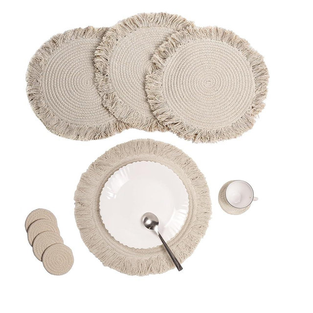 The Fine Living Co. Braided Cotton Placemats (Set of 4, 15 Inches) with 4-Free Coasters, Washable Anti-Slip Heat Resistant Mats, Boho Woven Round Table Mats for House Decor, Kitchen and Dining