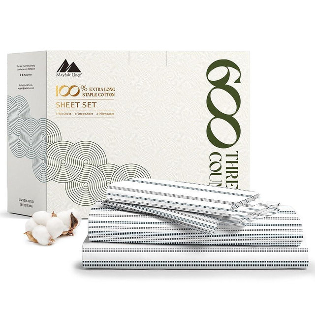 Mayfair Linen 100% Egyptian Cotton Printed Bed Sheets - 600 Thread Count 4 PC Queen Sheet Set, Hotel Luxury Sateen Bedsheets, 16" Deep Pocket Soft Cooling Sheets for Queen Size Bed - Dotted Stripe