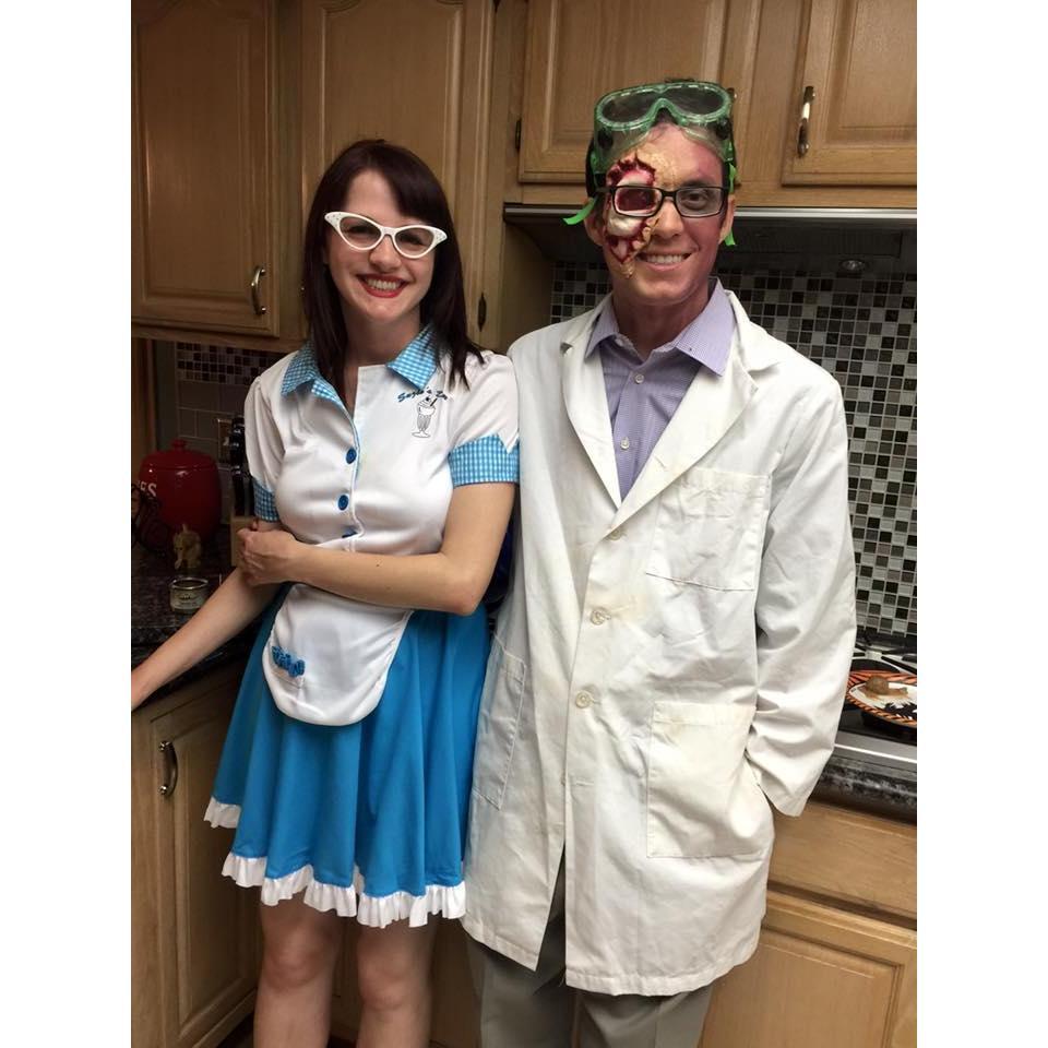 This was our first Halloween together! I was a 50s carhop waitress and he was a scientist who was involved in a lab explosion which led to a horrible disfigurement!