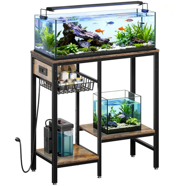 Livofloral 20 Gallon Fish Tank Stand with Power Outlet, Metal Aquarium Stand with Adjustable Shelves and Pull Out Wire Tray, Ample Storage for Fish Tanks Accessories, Reptile Tank Stands, Brown