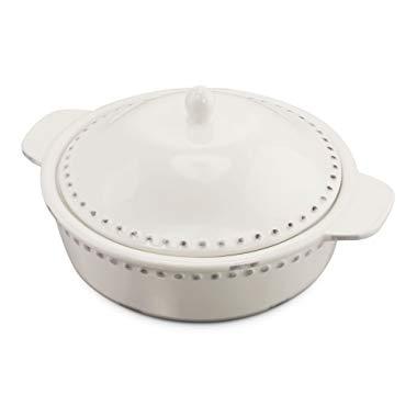KOVOT 1.8 Quart Ceramic Round Casserole Bakeware Dish With Lid - Ivory White With Antique-Style Finish