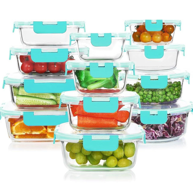 KOMUEE 24 Pieces Glass Food Storage Containers Set, Meal Prep Containers-Stackable Airtight Glass Storage Containers with lids,Freezer, Microwave, Oven Safe,Green