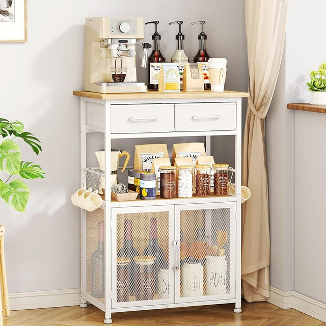 SWTYMIKI Coffee Bar Cabinet with Drawer - 20.47" Coffee Stand Station with Removable Hooks, Buffet Cabinet for Coffee Maker or Microwave, Kitchen Bar Table Storage Organizer, Natural