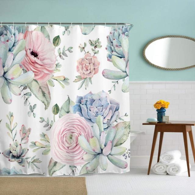 IcosaMro Succulent Shower Curtain for Bathroom with Hooks, Cactus Flowers Cacti Decorative Long Cloth Fabric Shower Curtain, 71x72 Inches