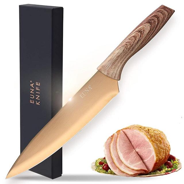 EUNA 8 Inch Chefs Knife UltraSharp, Kitchen knife for Culinary, Cooking Knife with Sheath and Gift Box, Wooden Texture Ergonomic Handle, Rose Red