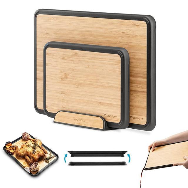 Dreamfarm Set of Fledge | Two Double Sided Cutting Boards with Juice Grooves | Bamboo Cutting Boards with Non-Slip Rubber Feet | Transport & Serve Food from Counter to Pot with Flip Up Edges | Bamboo