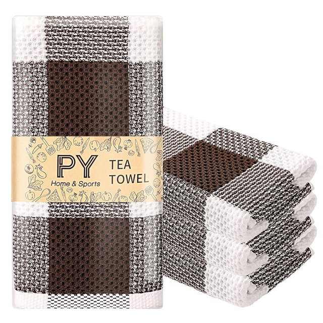 PY HOME & SPORTS Dish Towels Set, 100% Cotton Waffle Weave Kitchen Towels 4 Pieces, Super Absorbent Kitchen Hand Dish Cloths for Drying and Cleaning 13 x 29 Inches Brown