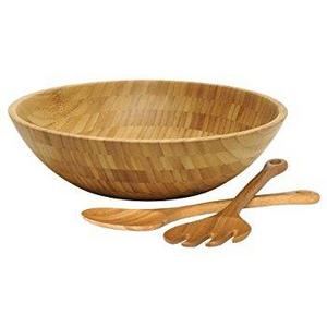 Lipper International 8204-3 Bamboo Wood Salad Bowl with 2 Server Utensils, Large, 14" Diameter x 4" Height, 3-Piece Set