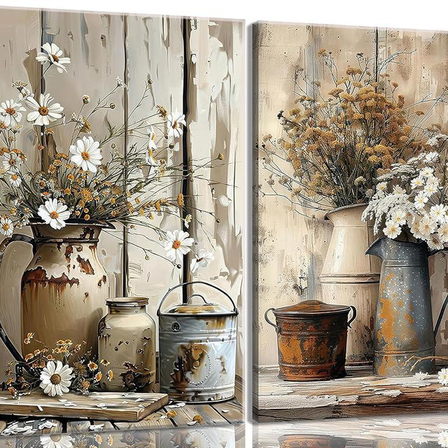 Rustic Farmhouse Daisy Canvas Wall Art Vintage Country Floral Posters Print Bathroom Flower Still Life Botanical Pictures Painting White Jasmine Flowers And Rust Color Watering Can Wall Decor Framed