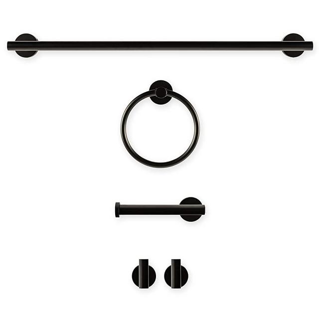 Grand Fixtures Matte Black Bathroom Hardware - 5 Piece Stainless Steel Set with Matte Black Towel Ring, 24 Inch Towel Rod, Toilet Paper Holder & 2 Towel Hooks - Includes Hardware & Install Template