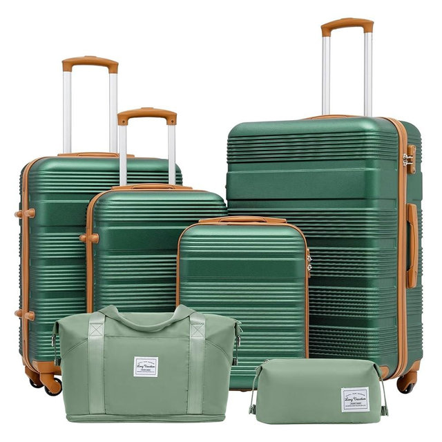 LONG VACATION Luggage Set 4 Piece Luggage Set Carry on Suitcase ABS Hardshell Lightweight TSA Lock Spinner Wheels Luggage Set (GREEN-BROWN, 6 piece set)