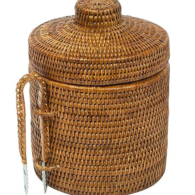 La Jolla Rattan Ice Bucket with Ice Tongs, Honey Brown