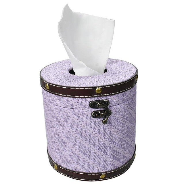 Decorative Toilet Paper Roll Cover with Lid - 5.5cm Diameter, PU Leather & Wood, Space-Saving, Multi-Color, Waterproof Bathroom Storage for Tissues, Cosmetics, Remotes (Taro Purple)