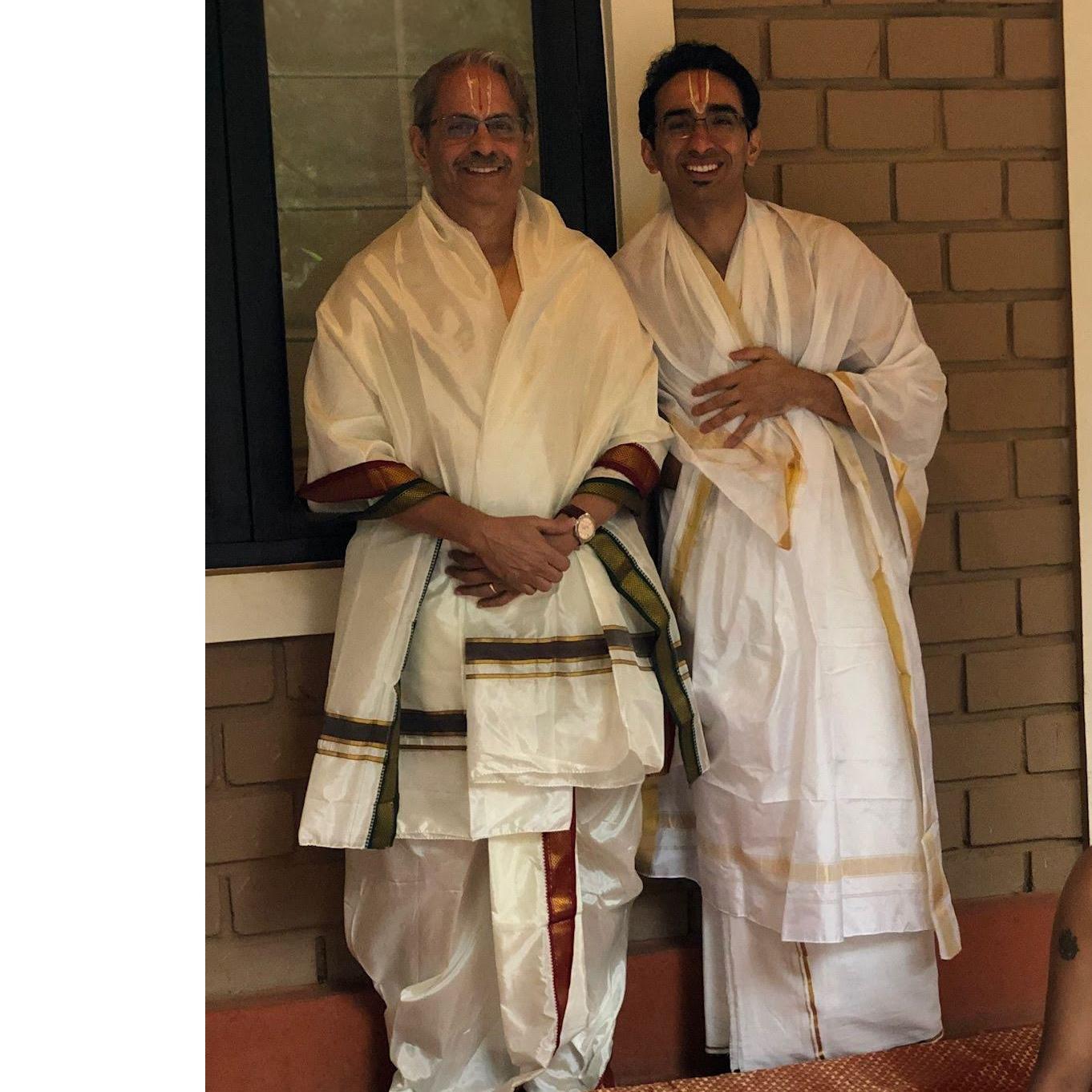 Kiran and his dad dressed in traditional south Indian attire on the morning of the wedding