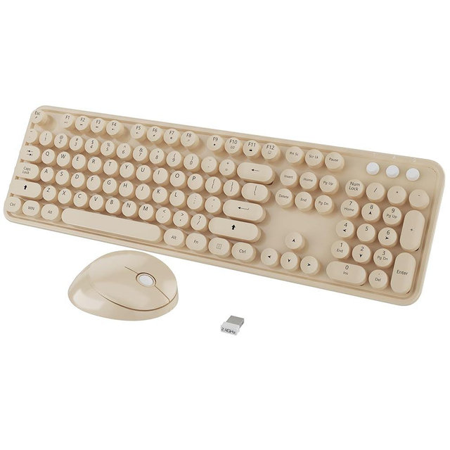 Kootop Wireless Keyboard and Mouse Combo, Cute Colorful 104 Keys Typewriter Retro Round Keycaps Keyboard for PC Laptop,Desktop,Windows, Home and Office Keyboards Coffee