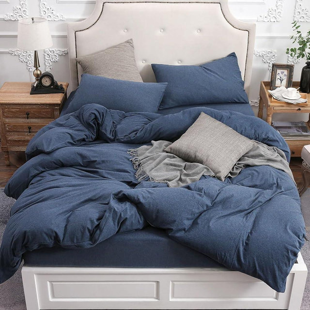 PURE ERA Jersey Knit Duvet Cover Set 100% T-Shirt Cotton Super Soft Comfy 3pc Bedding Set with Zipper Closure (Heather Navy Blue, Queen)