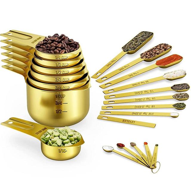Wildone Gold Measuring Cups & Spoons Set of 21 - Includes 7 Stainless Steel Nesting Measuring Cups, 8 Measuring Spoons, 1 Leveler & 6 Mini Measuring Spoons, Ideal for Dry & Liquid Ingredients