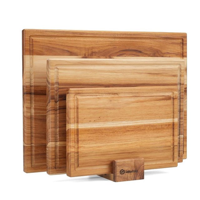 Cokka Praca Teak Cutting Board Set with Stand | 3 Pcs Durable Wooden Cutting Boards for Kitchen | Splinter-Free & No Cracking Design | Non-Slip Wood Cutting Boards with Deep Juice Groove