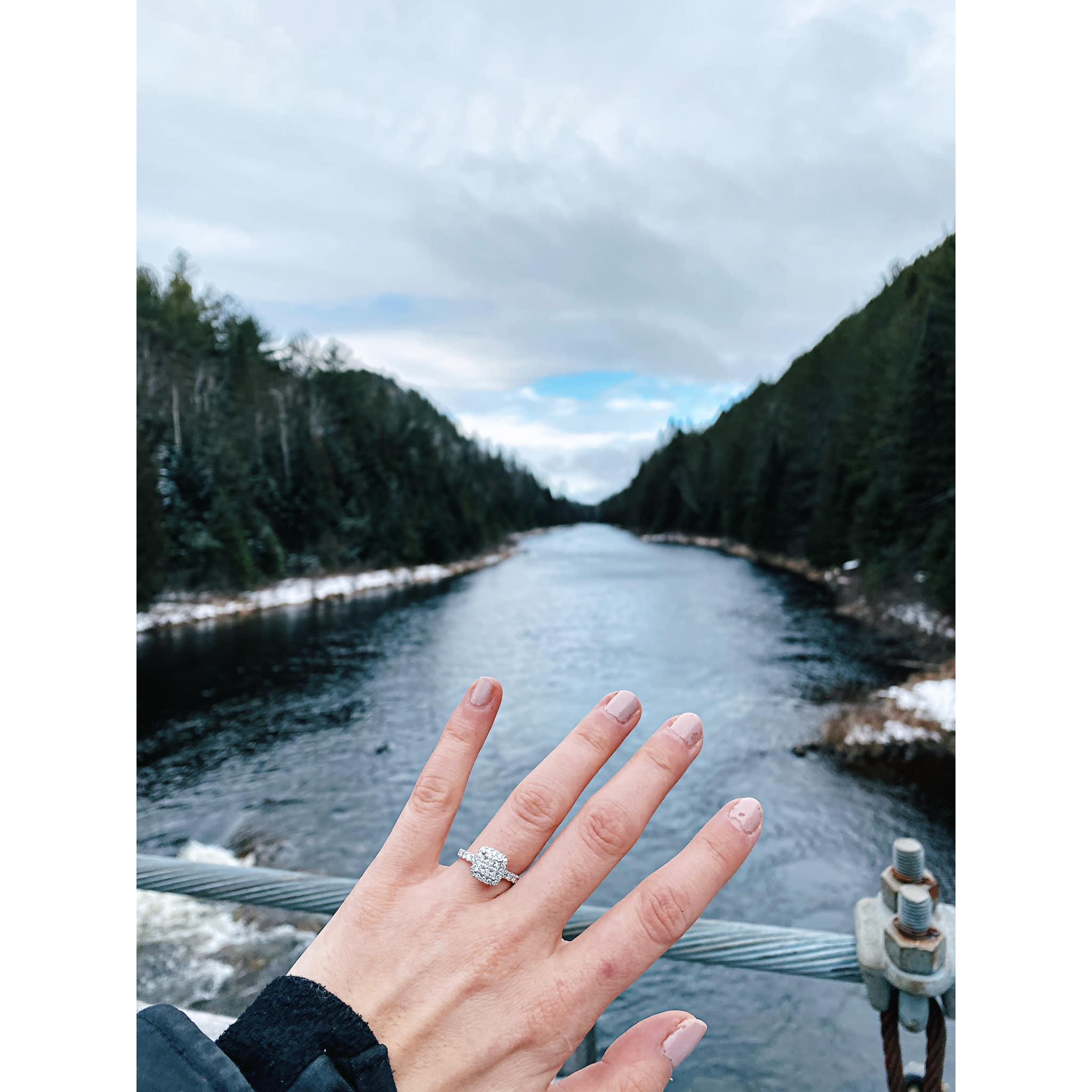 We got engaged on the suspended bridge on our 8-year anniversary @ Notre-Dame-de-la-Merci, QC (December 6 2020).