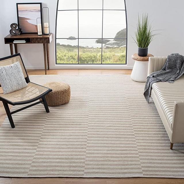 SAFAVIEH Montauk Collection 8' x 10' Ivory / Light Grey MTK715E Handmade Stripe Cotton Area Rug