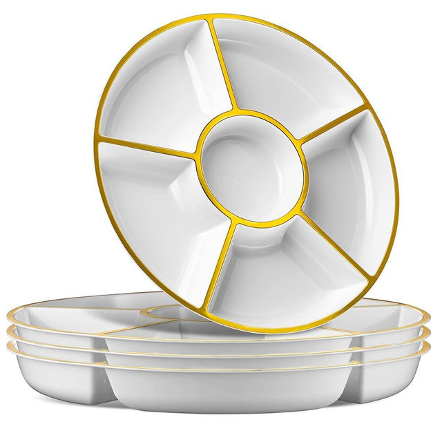 PLASTICPRO 6 Sectional Round Plastic Serving Tray/Platter (2, White & Gold)