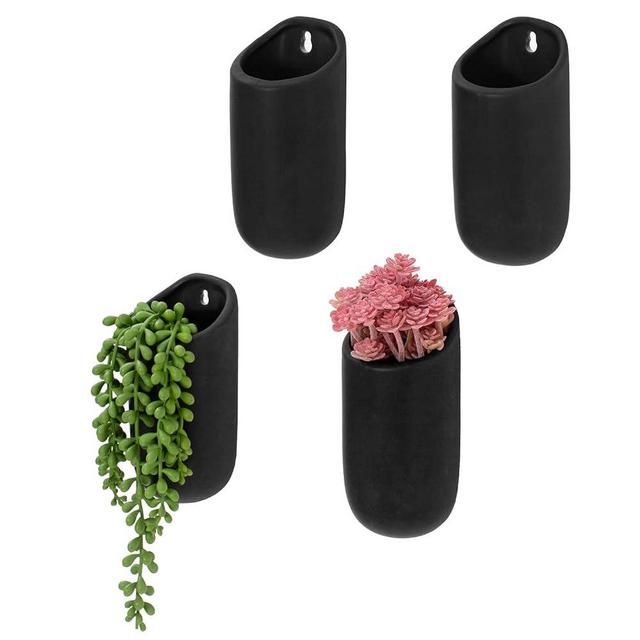 MyGift 6 Inch Modern Matte Black Ceramic Wall Mounted Cylindrical Vertical Succulent Hanging Planter Flower Vase Pots, Set of 4