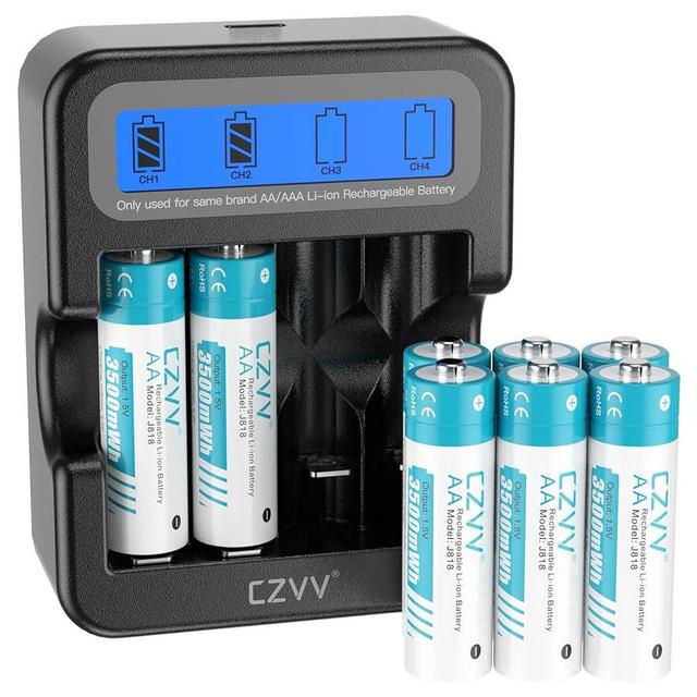 czvv Lithium Rechargeable AA 1.5V Camera Batteries with 2.5'' LCD Fast Black Charger Combo, 8 Pack Large Capacity 3500mWh Dual A Long-Lasting 3.0A Output for Home & Industrial Devices, Cycles 1300x