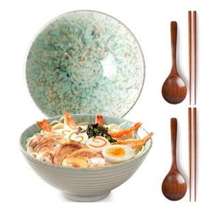 NUTRIUPS 8 Inch Ceramic Ramen Bowl Set of 2 Pho Bowls 40oz Japanese Noodle Udon Soup Bowls with Spoons and Chopsticks (Forest)