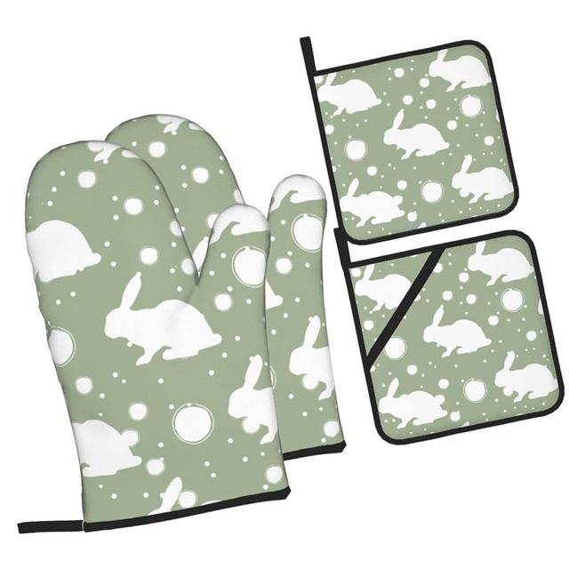 Bunny Silhouette Oven Mitts and Pot Holders Sets of 4,Resistant Hot Pads with Polyester Non-Slip BBQ Gloves for Kitchen,Cooking,Baking,Grilling