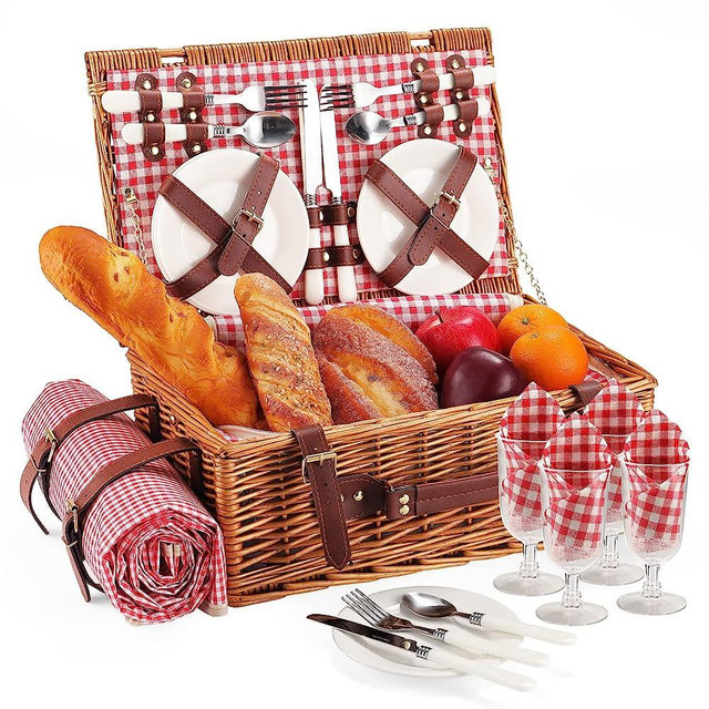 HYBDAMAI Willow Picnic Basket Set for 4 Persons with Waterproof Picnic Blanket, Wicker Picnic Basket for Camping, Outdoors, Valentine's Day, Christmas, Thanksgiving, Birthday
