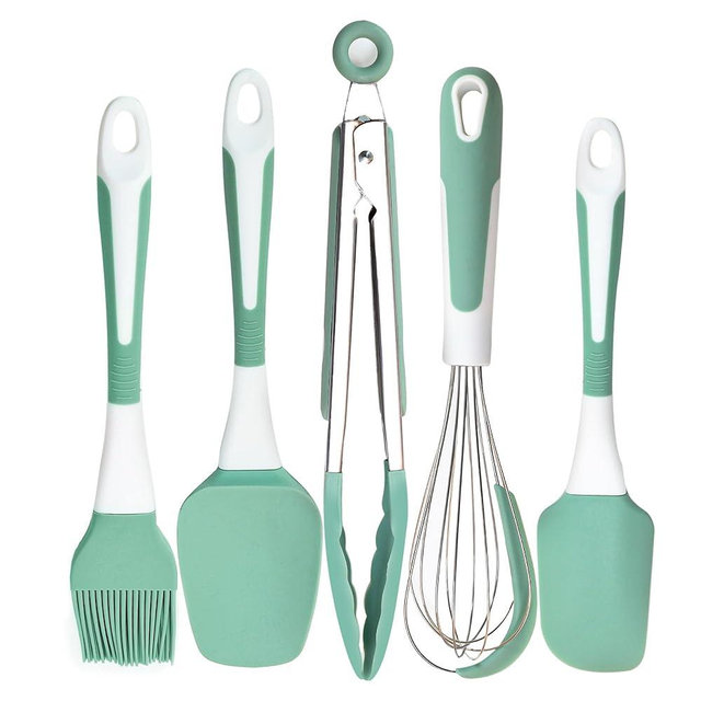 Silicone Kitchen Cooking Utensils Set Heat Resistant, 5 Pcs Silicone Spatula Set for Baking Cooking Mixing, Silicone Cooking Utensils Set for Nonstick Cookware, Dishwasher Safe (Green)