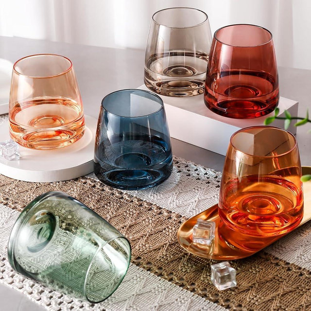 CLUSIVC Stemless Wine Glasses Set of 6 - Hand-Blown Colored Crystal Stemless Wine Glasses Colorful Lead-Free Non-Fading Party Stemless Wine Glasses Set