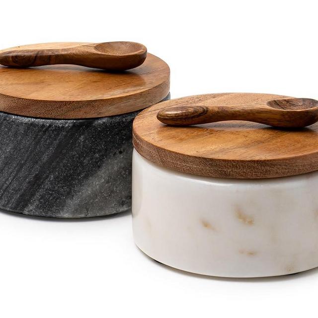 Cork & Mill Marble Salt and Pepper Bowls - Set of 2 Handcrafted White/Grey Solid Marble Salt and Pepper Cellars with Lids and Spoons - Elegant Salt and Pepper Containers for Countertop or Table