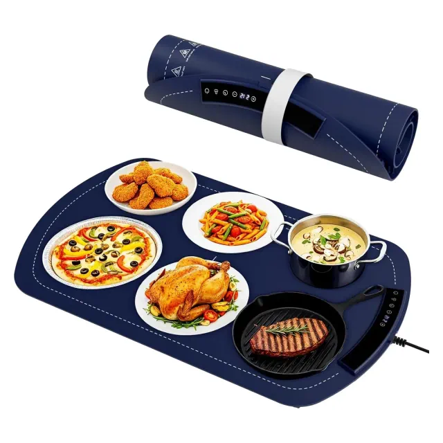 ZAFRO 7-Temp Food Warming Mat, 250W Low Energy Consumption , 6H Timer & Child Lock, Ultra-Thin Roll-Up Buffet Hot Plate,Blue