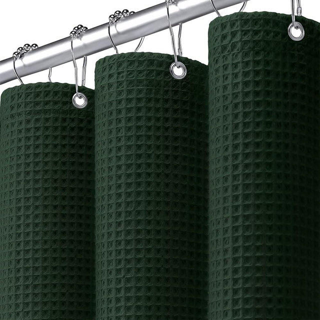 XOGUIBO Long Waffle Shower Curtain - Dark Green Cotton Texture Fabric Heavyweight Shower Curtains for Bathroom,72Wx78L