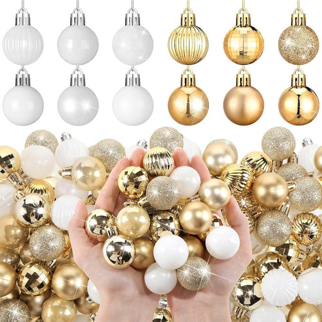 Shappy 216 Pcs Mini Christmas Ball Ornament 1.18 Christmas Tree Decorations 6 Styles Small Xmas Shatterproof Ball with Hanging Loop for Holiday Party Wreath Xmas Tree Decor (White,Gold)