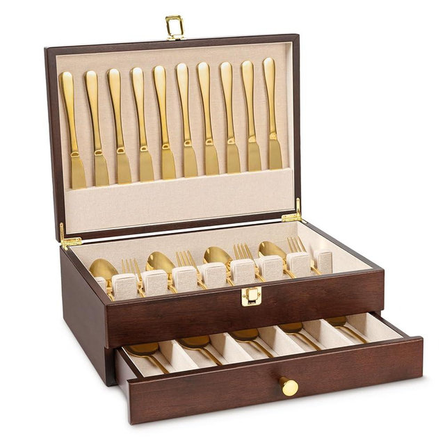 Yoimori Silverware Storage Box, 2-Layer Flatware Storage Case with Drawer, Wooden Silverware Chest with Linen Liner, Rustic Silverware Case for Storing Fine Flatware and Utensils (Walnut)