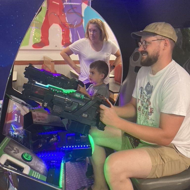 September 2024 | Michael playing Halo at Chuck E. Cheese with Katie's nephew Jace (featuring her sister in law , Lucy)