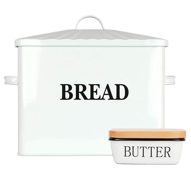 Houseables Bread Box & Butter Dish Set, 15.25” x 12.5” x 7”, Extra Large, Metal, Enameled Storage Containers, Food Bin w/Lid, Rustic Enamelware, Vintage Decor, Farmhouse, Kitchen Counter Keeper