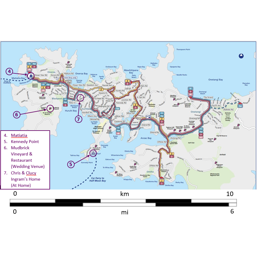 Key Locations in western Waiheke and the bus route