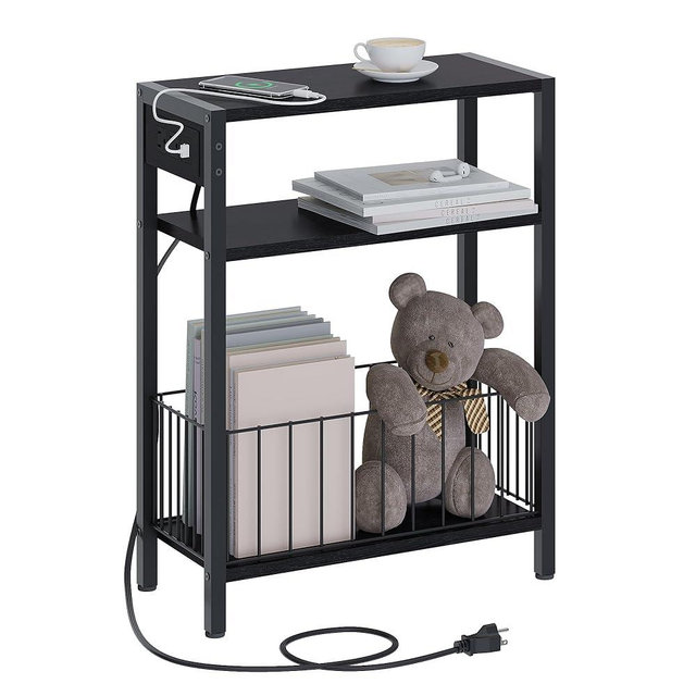 TRIFEBLE Narrow Side Table with Charging Station, Small End Table for Small Spaces, Slim Nightstand with Storage Basket, 3 Tier Skinny Bedside Table for Living Room, Bedroom, Black
