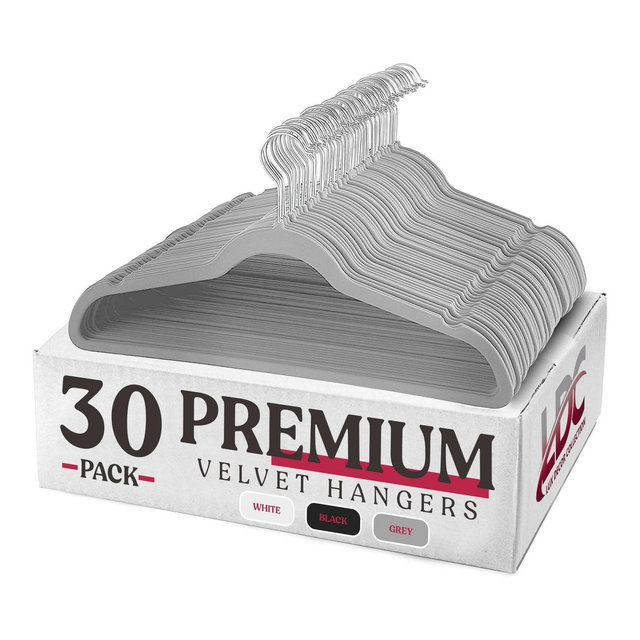 30-Pack Velvet Hangers Space Saving Clothes Hangers with Rotatable Metal Hook & Notches - Grey