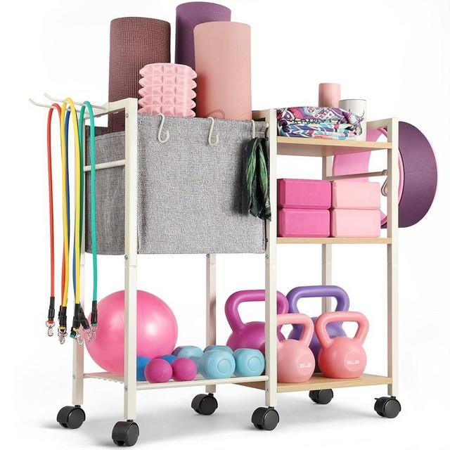 Yoga Mat Storage Rack Home Gym Equipment Storage Organizer Yoga Mat Holder for Yoga Mat Foam Roller Dumbbells Kettlebells Resistance Bands and More Gym Accessories Women Men Workout Equipment Organization with Hooks and Wheels